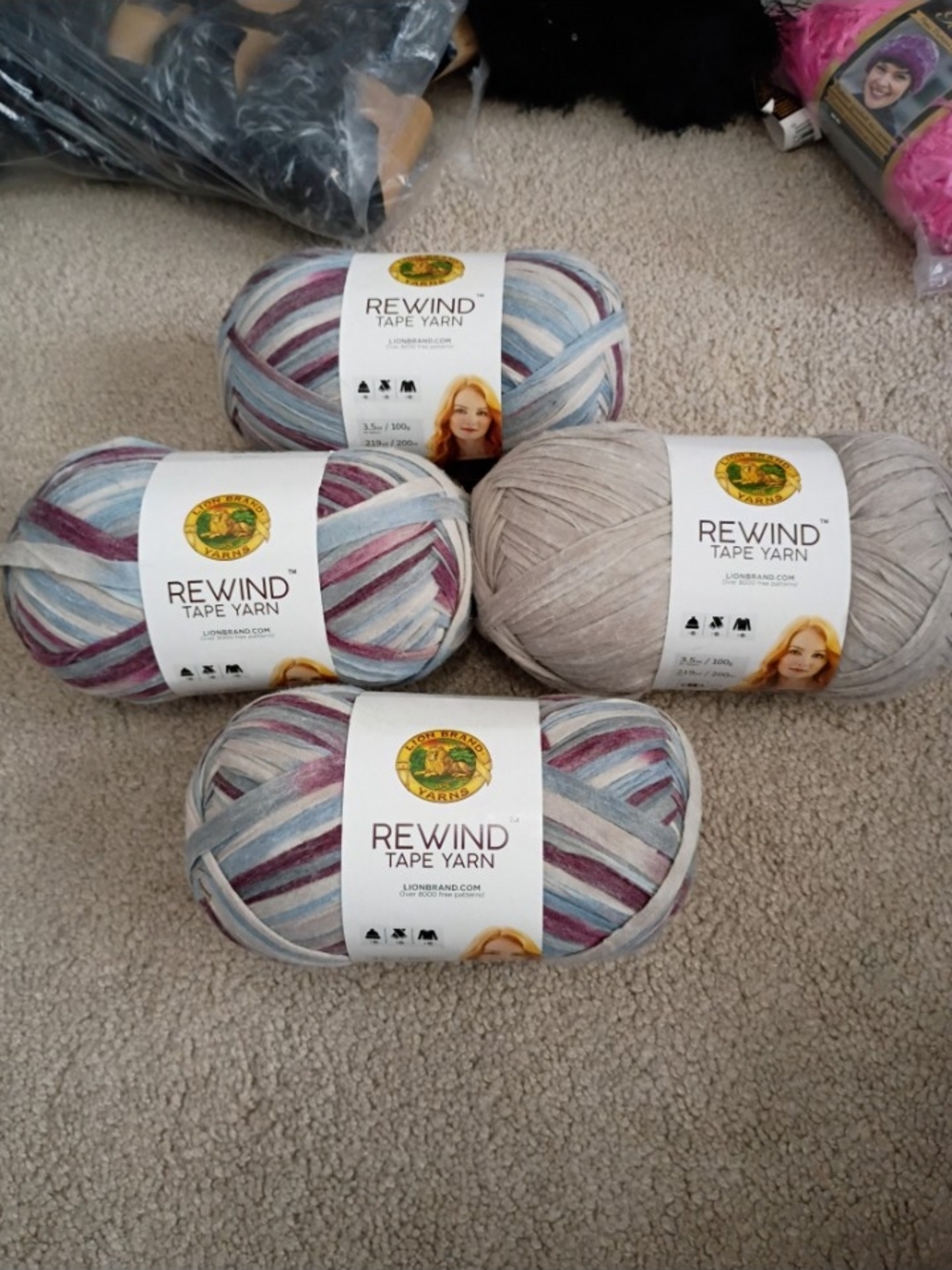 Lion Brand Rewind Tape Yarn lot of 4: colors Viola and greige